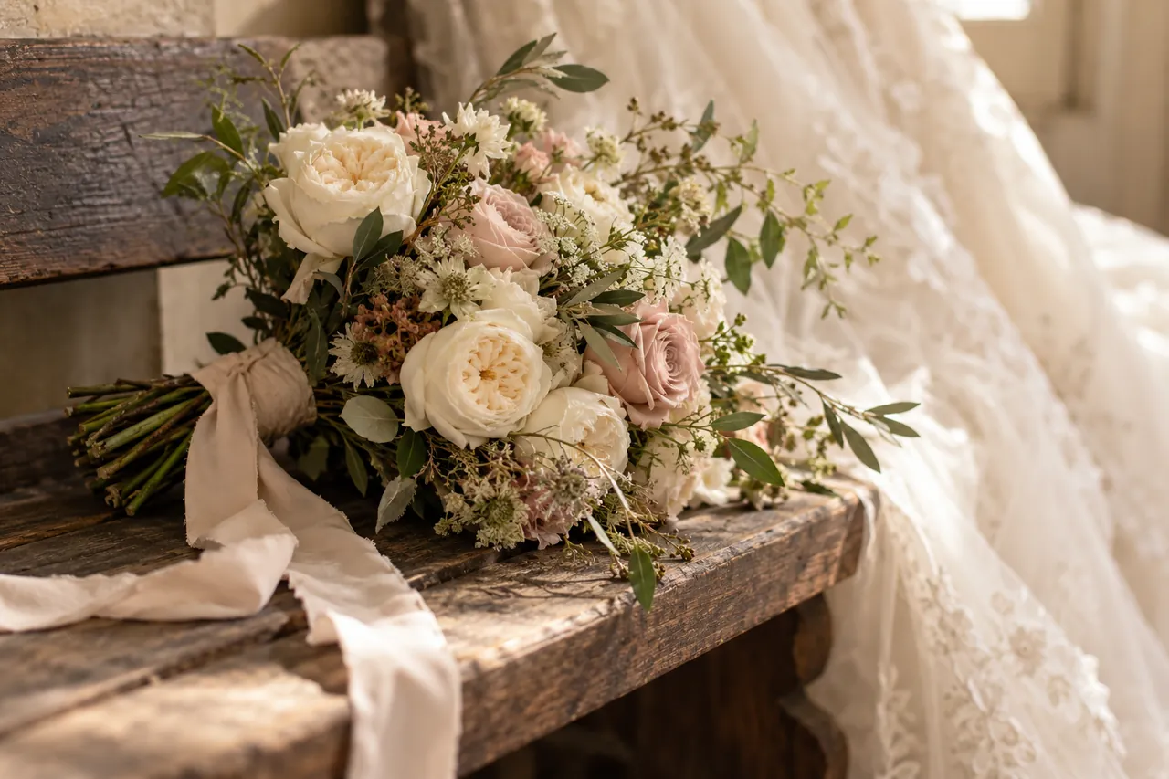 An ivory and blush bridal bouquet with silk ribbon resting on an antique wooden bench