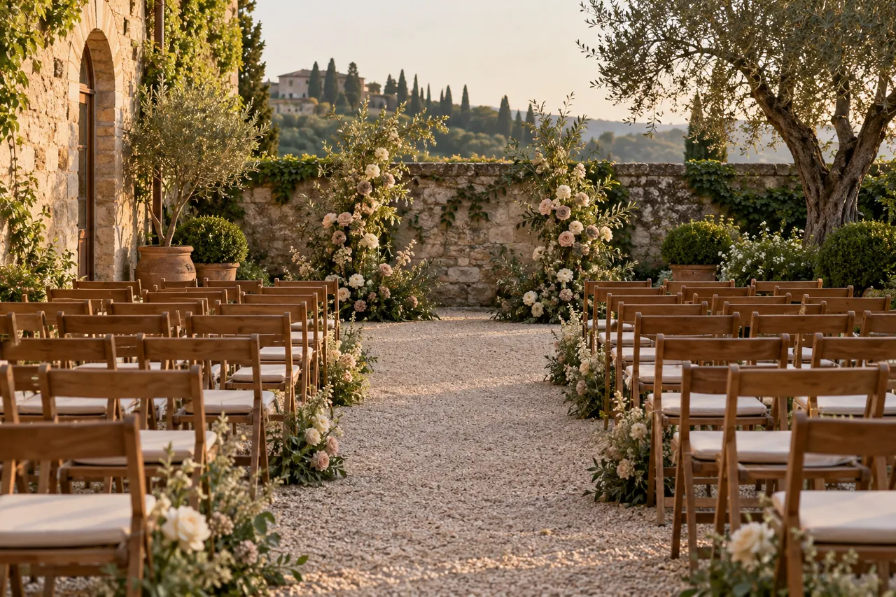 Rows of wooden wedding ceremony chairs in a sunlit garden with cream and blush flowers