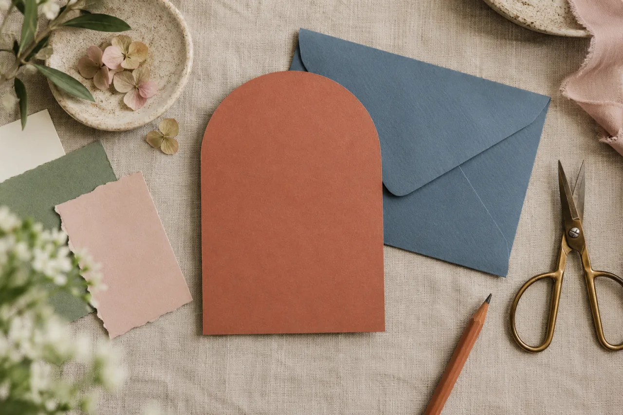 Tarjeta de boda con forma de arco y muestras de papel de colores