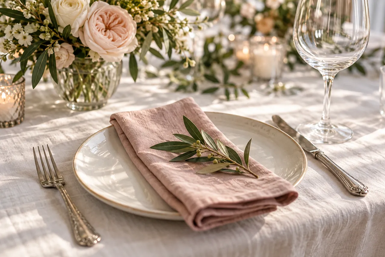 An ivory wedding place setting with a dusty rose napkin, olive sprig, and delicate glassware