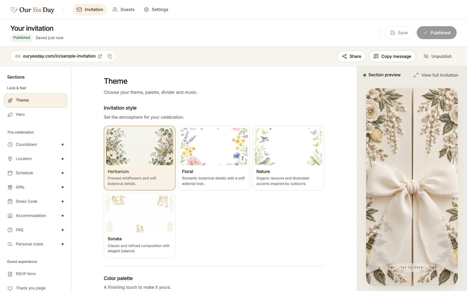The invitation editor in the Our Yes Day web app, with the Herbarium theme selected and a live preview